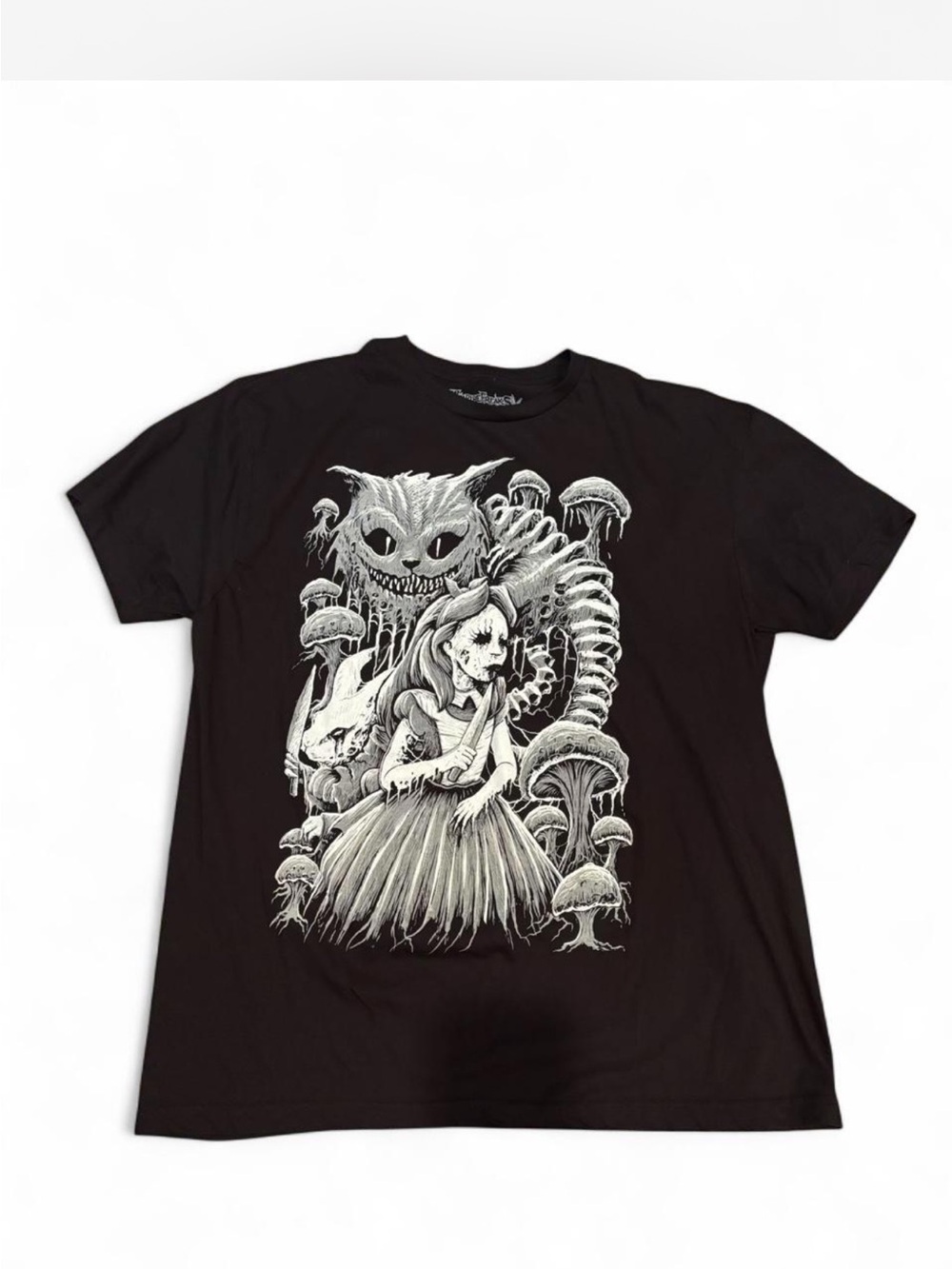 Black Short-Sleeve Graphic Tee with White Gothic Illustration